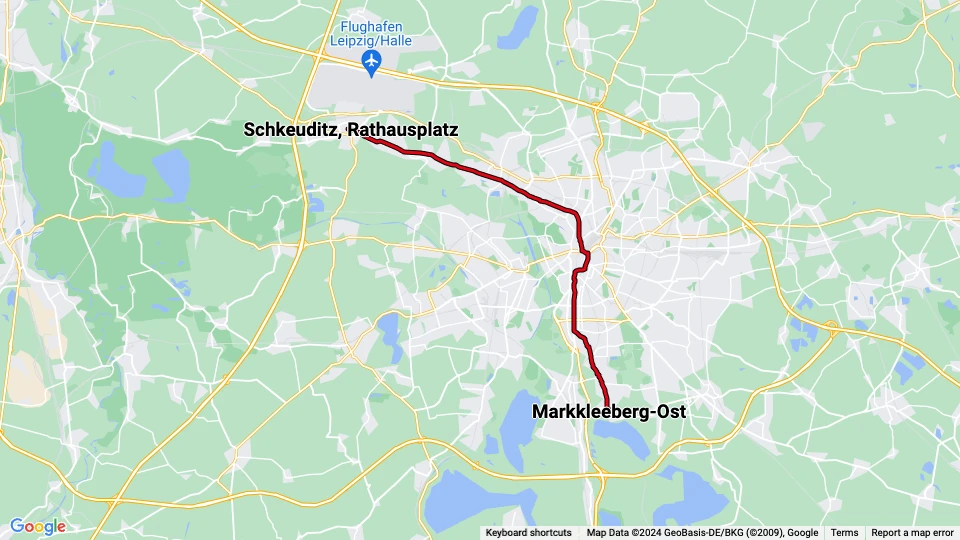 Leipzig tram line 11: Schkeuditz, Rathausplatz - Markkleeberg-Ost route map