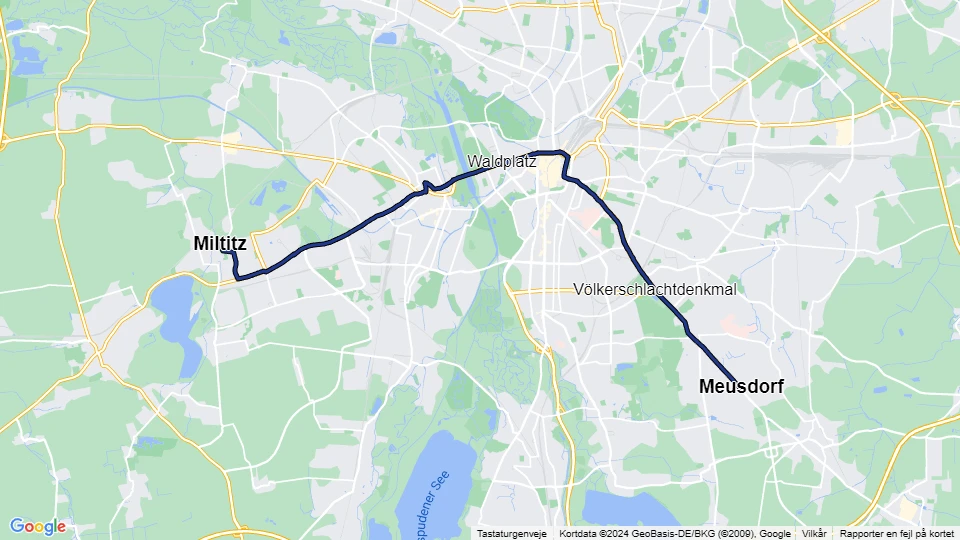 Leipzig tram line 15: Meusdorf - Miltitz route map