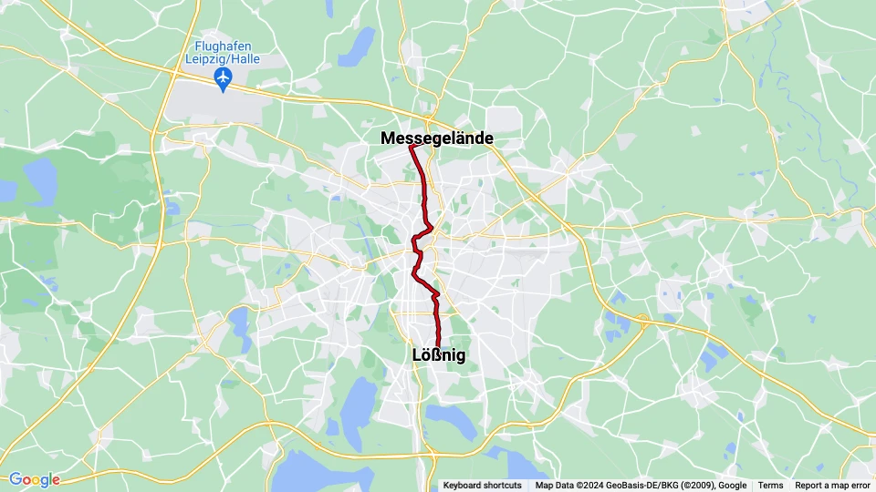 Leipzig tram line 16: Lößnig - Messegelände route map