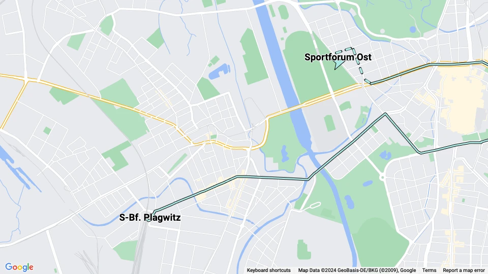 Leipzig tram line 34: S-Bf. Plagwitz - Sportforum Ost route map
