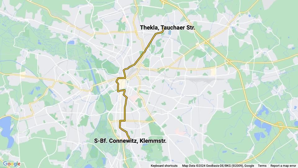 Leipzig tram line 9: Thekla, Tauchaer Str. - S-Bf. Connewitz, Klemmstr. route map