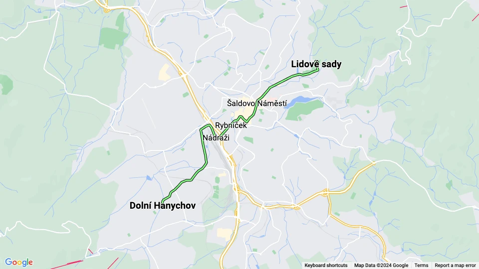 Liberec extra line 2: Lidové sady - Dolní Hanychov route map