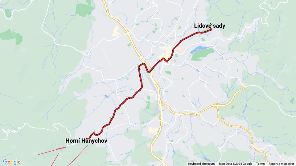 Liberec tram line 3: Lidové sady - Horní Hanychov route map
