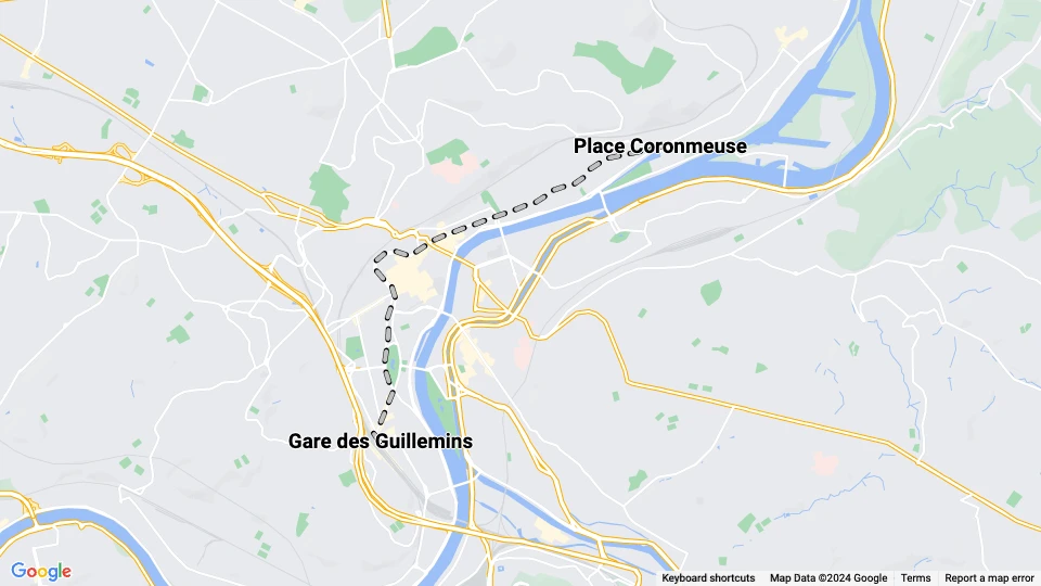 Liège tram line 1: Gare des Guillemins - Place Coronmeuse route map