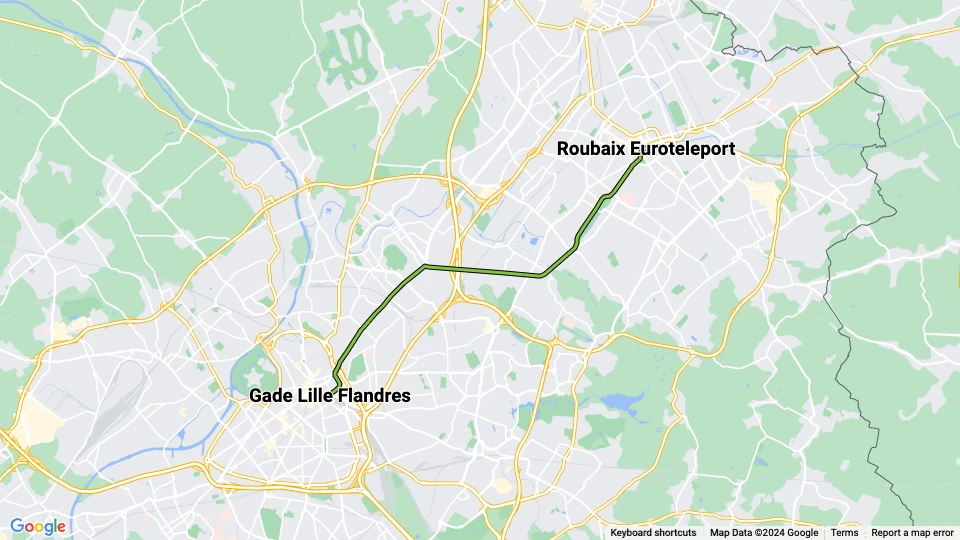 Lille tram line R: Gade Lille Flandres - Roubaix Euroteleport route map