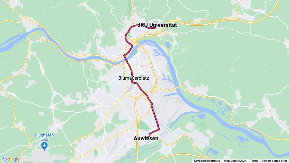 Linz tram line 1: JKU Universität - Auwiesen route map