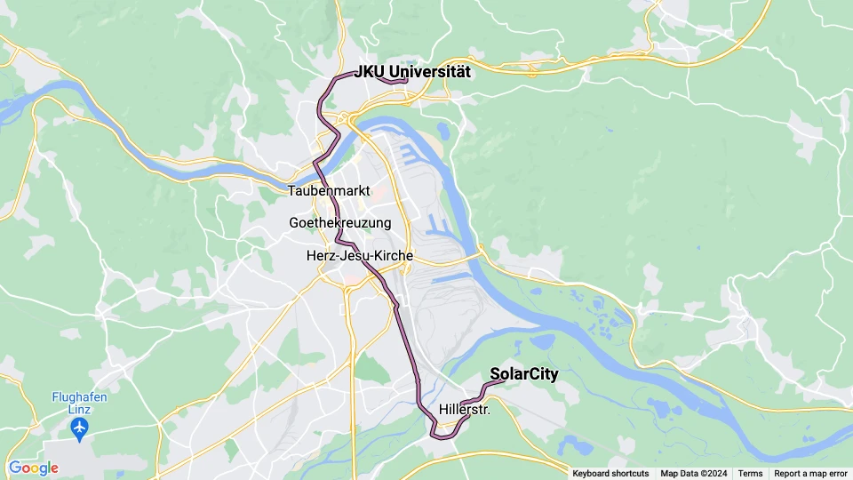 Linz tram line 2: JKU Universität - SolarCity route map