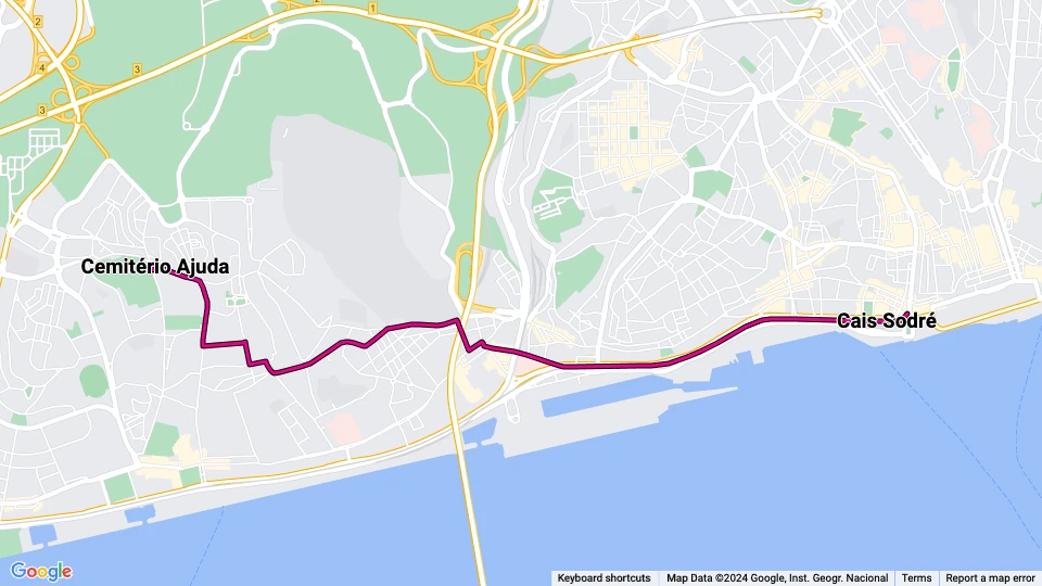 Lisbon extra line 18E: Cais Sodré - Cemitério Ajuda route map