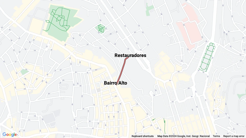 Lisbon funicular Elevador da Glória: Bairro Alto - Restauradores route map