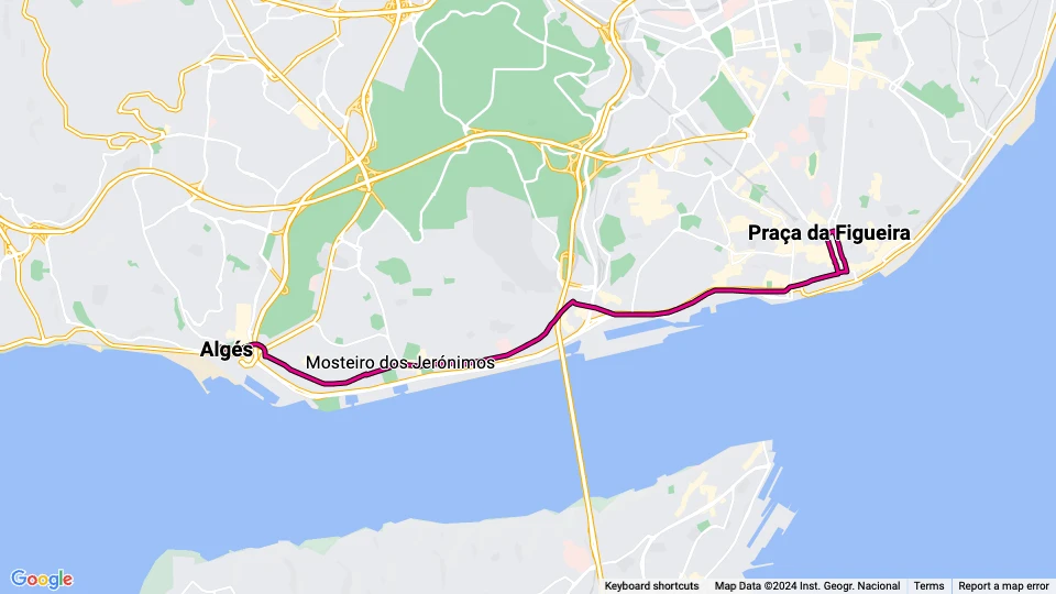 Lisbon tram line 15E: Praça da Figueira - Algés route map