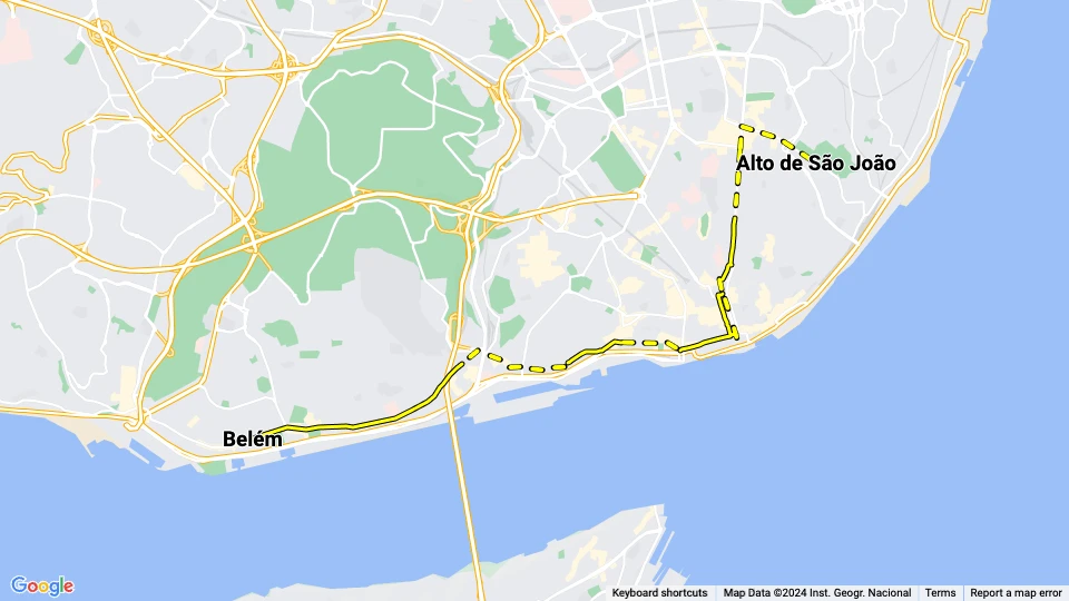 Lisbon tram line 17: Alto de São João - Belém route map