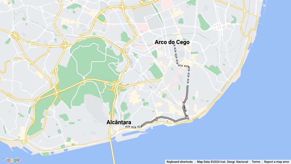 Lisbon tram line 19: Arco do Cego - Alcântara route map