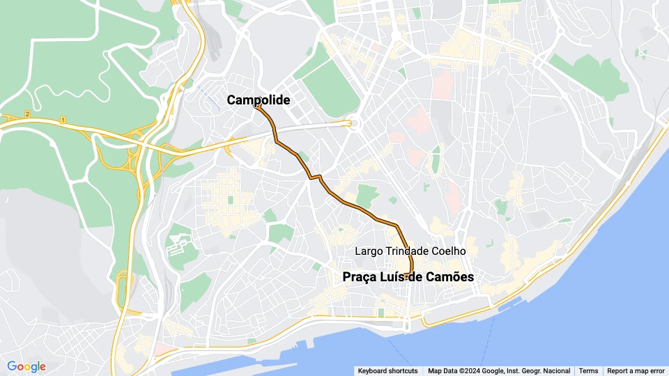 Lisbon tram line 24E: Praça Luís de Camões - Campolide route map