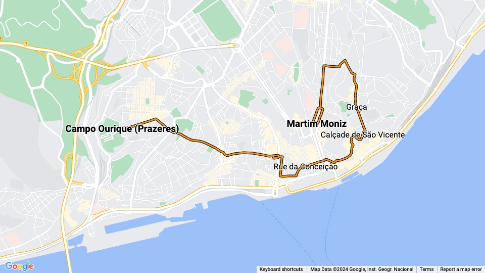 Lisbon tram line 28E: Campo Ourique (Prazeres) - Martim Moniz route map