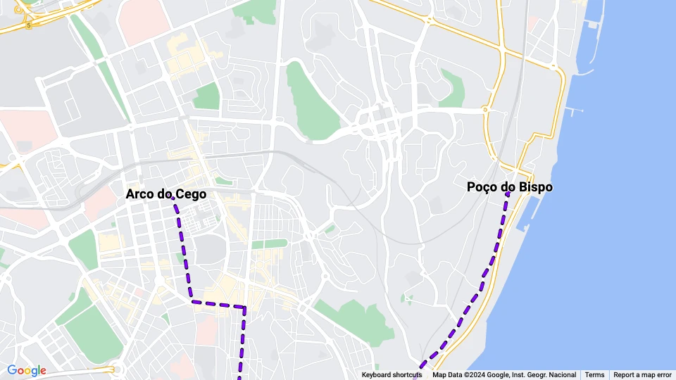 Lisbon tram line 3: Arco do Cego - Poço do Bispo route map