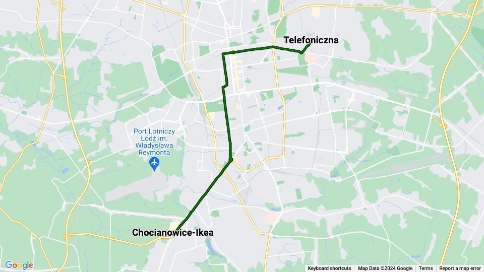 Łódź extra line 15A: Chocianowice-Ikea - Telefoniczna route map