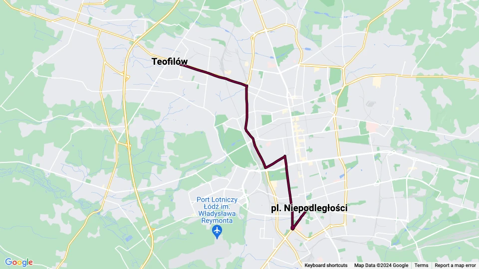 Łódź extra line 16: Teofilów - pl. Niepodległości route map