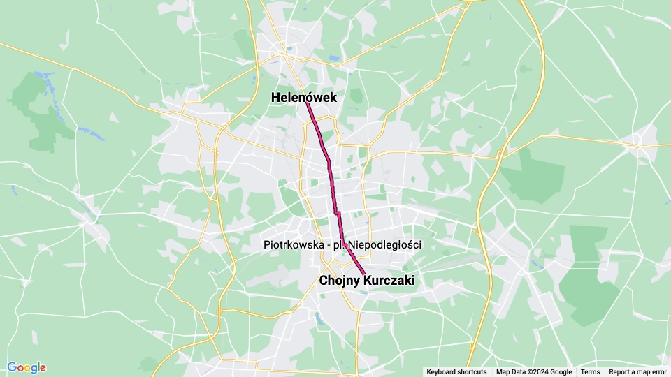 Łódź extra line 16A: Chojny Kurczaki - Helenówek route map