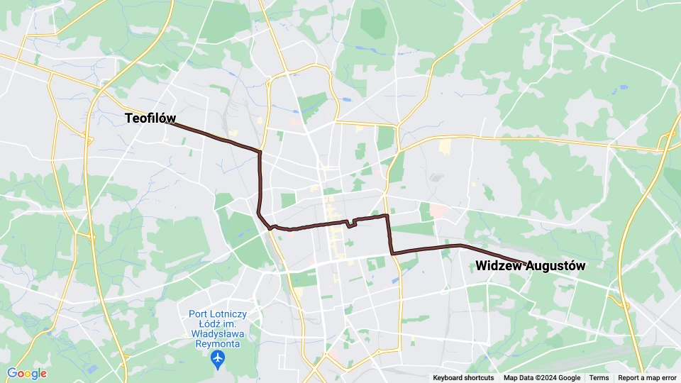 Łódź tram line 13: Widzew Augustów - Teofilów route map