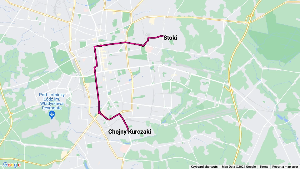 Łódź tram line 15: Chojny Kurczaki - Stoki route map