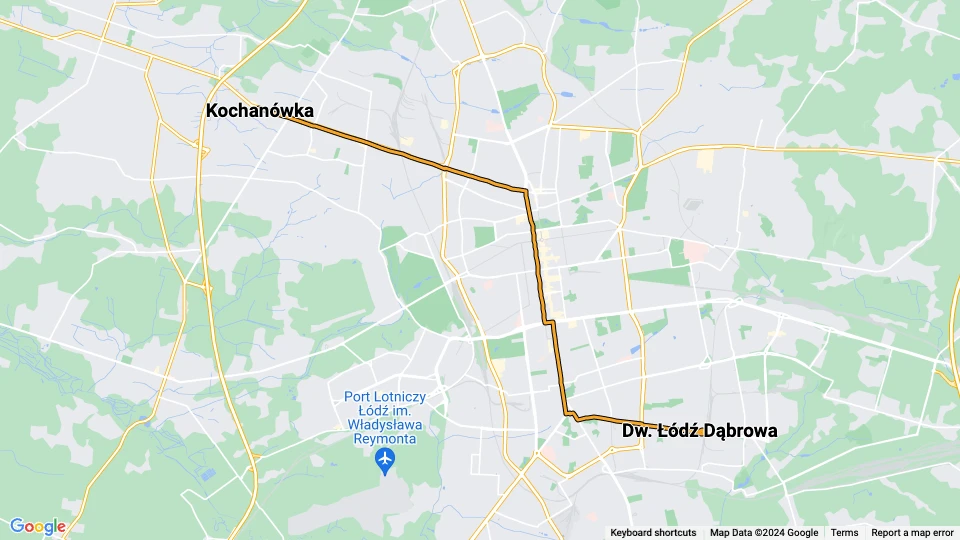 Łódź tram line 2: Dw. Łódź Dąbrowa - Kochanówka route map