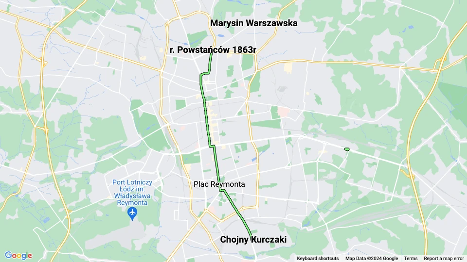 Łódź tram line 3: Chojny Kurczaki - r. Powstańców 1863r route map