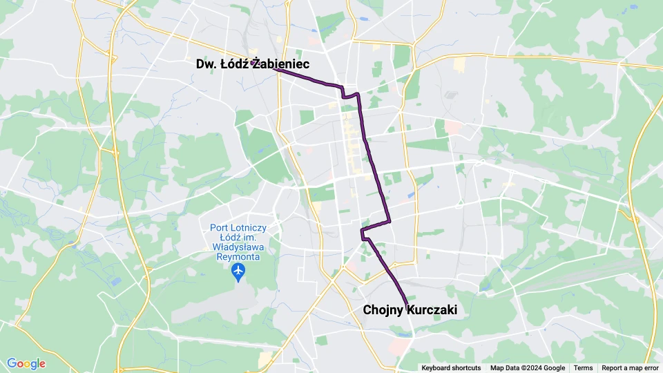 Łódź tram line 5: Chojny Kurczaki - Dw. Łódź Żabieniec route map