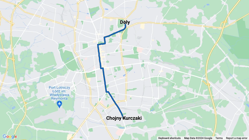Łódź tram line 6: Chojny Kurczaki - Doły route map