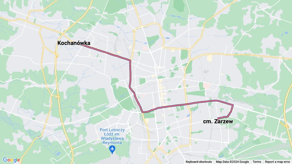 Łódź tram line 8: Kochanówka - cm. Zarzew route map