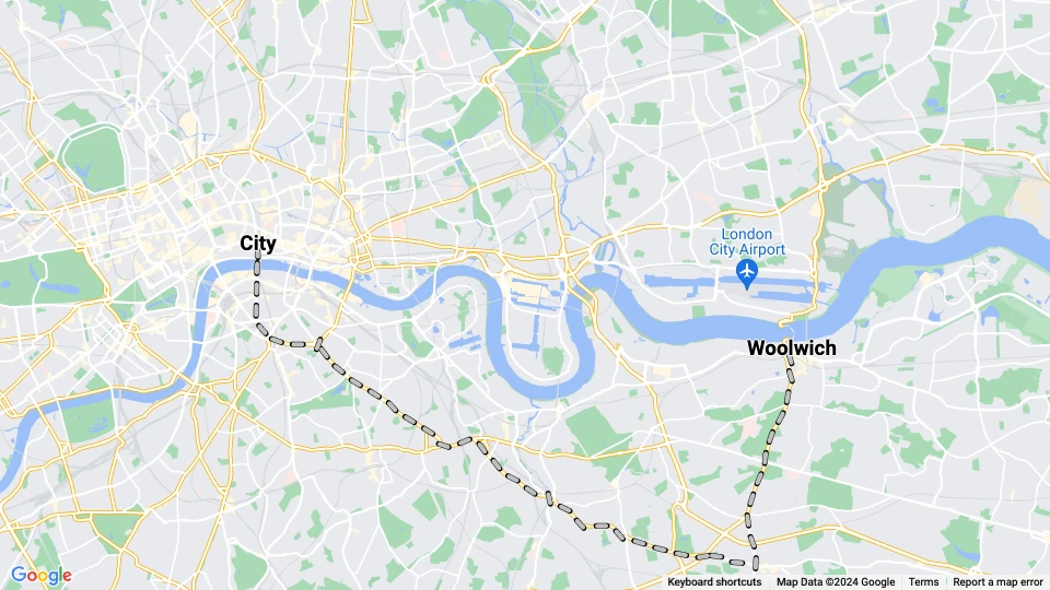 London tram line 46: City - Woolwich route map