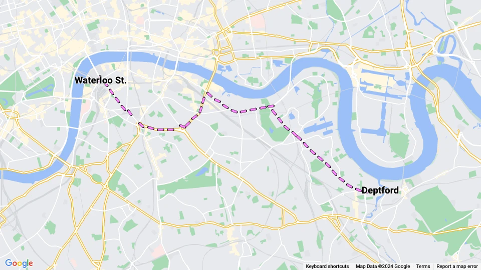 London tram line 68: Waterloo St. - Deptford route map