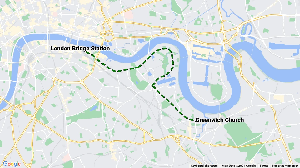 London tram line 70: London Bridge Station - Greenwich Church route map