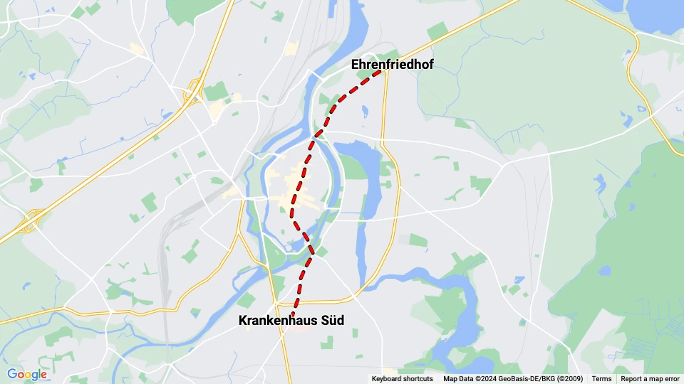 Lübeck tram line 2: Ehrenfriedhof - Krankenhaus Süd route map