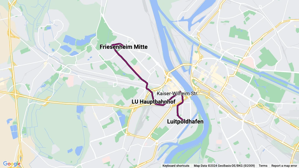 Ludwigshafen tram line 10: Friesenheim Mitte - Luitpoldhafen route map