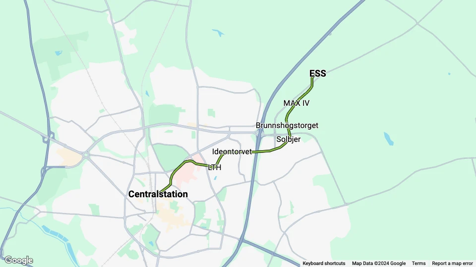 Lund tram line 1: ESS - Centralstation route map