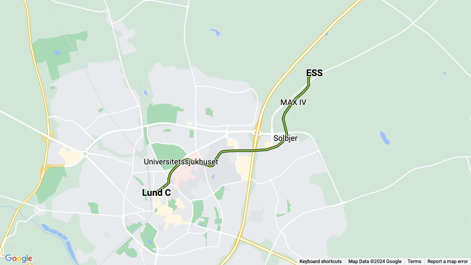 Lund tram line 1: ESS - Lund C route map