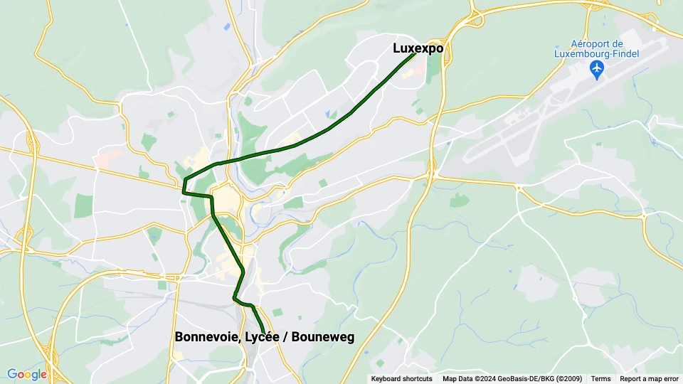 Luxembourg Luxtram: Luxexpo - Bonnevoie, Lycée / Bouneweg route map
