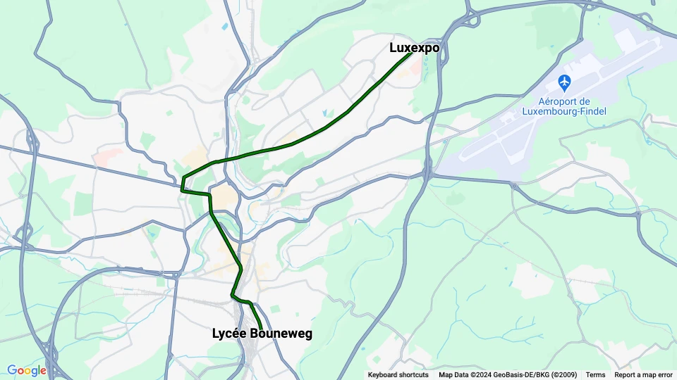 Luxembourg Luxtram: Luxexpo - Lycée Bouneweg route map