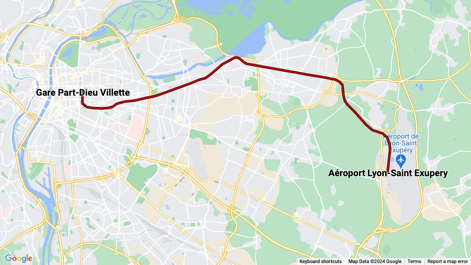 Lyon Rhônexpress: Gare Part-Dieu Villette - Aéroport Lyon-Saint Exupery route map