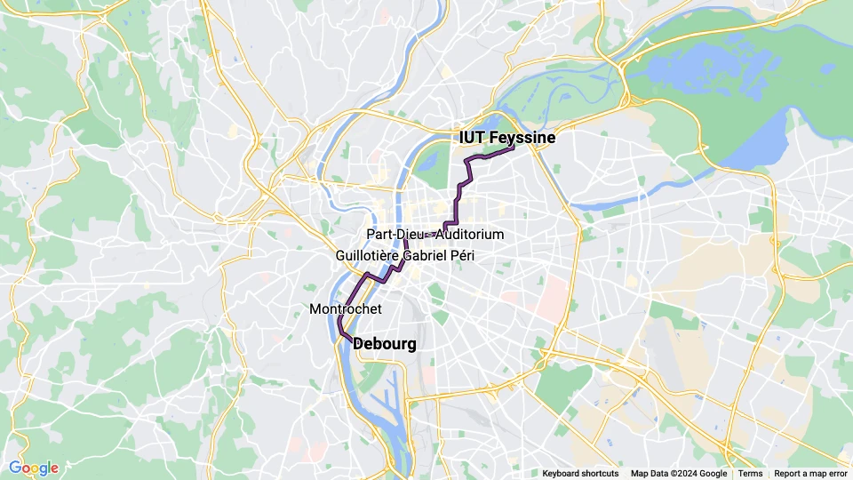 Lyon tram line T1: Debourg - IUT Feyssine route map