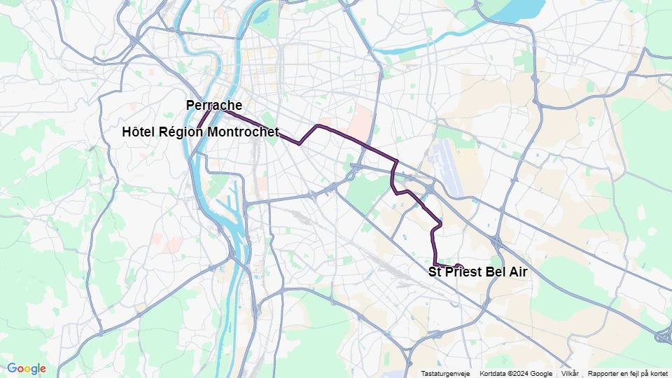 Lyon tram line T2: Hôtel Région Montrochet - St Priest Bel Air route map