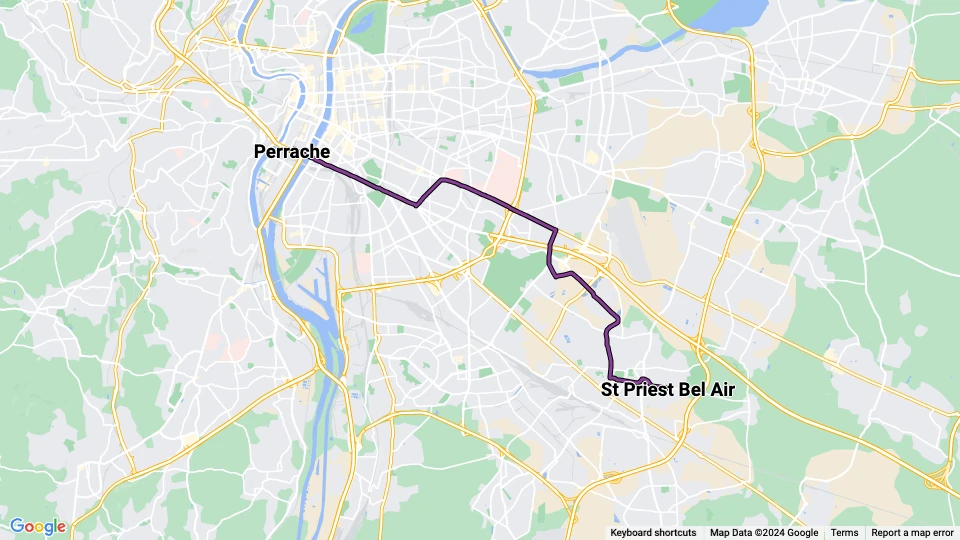 Lyon tram line T2: Perrache - St Priest Bel Air route map