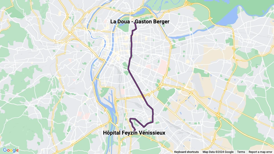 Lyon tram line T4: La Doua - Gaston Berger - Hôpital Feyzin Vénissieux route map