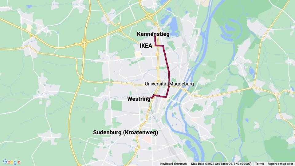 Magdeburg tram line 1: Kannenstieg - Westring route map