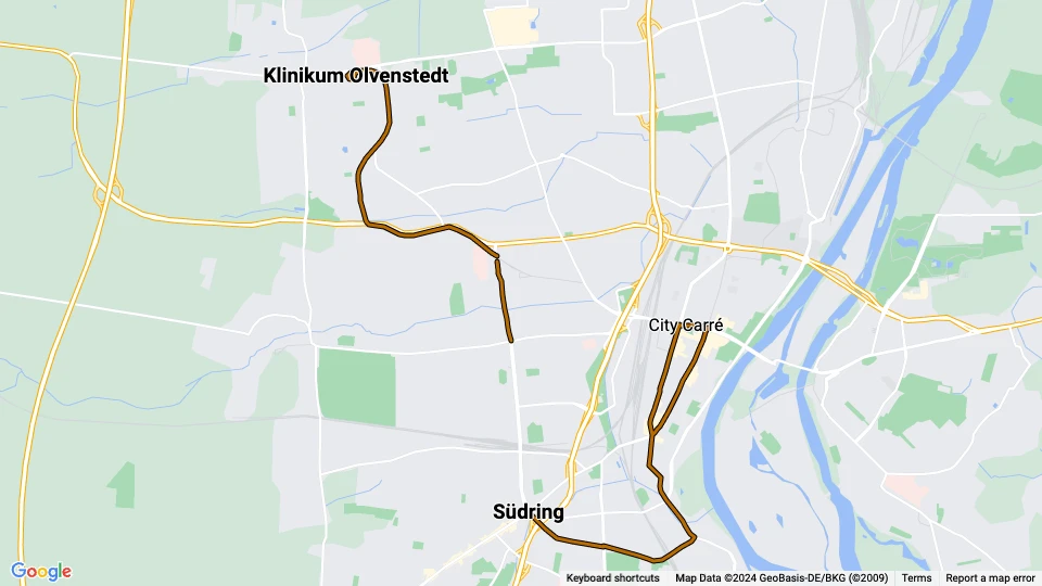 Magdeburg tram line 5: Klinikum Olvenstedt - Südring route map