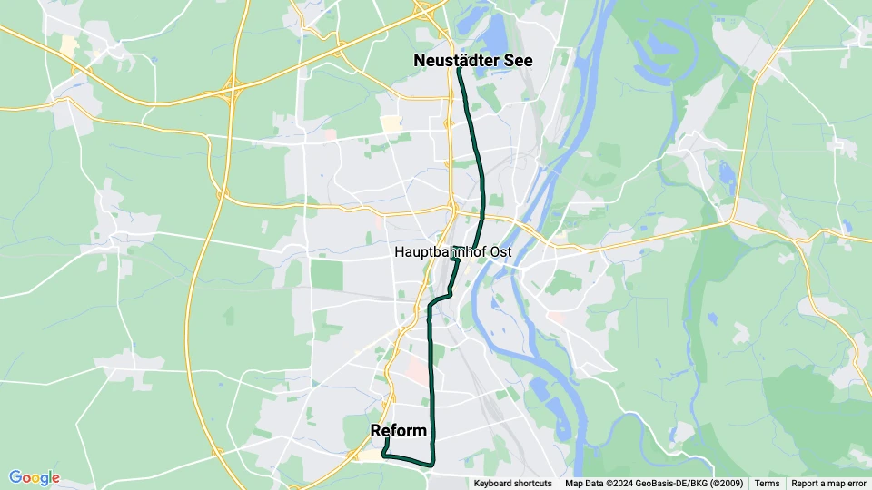 Magdeburg tram line 9: Neustädter See - Reform route map