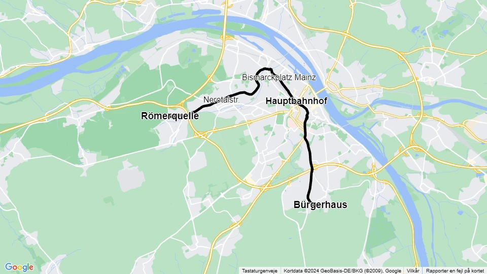Mainz tram line 50: Römerquelle - Bürgerhaus route map