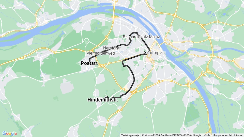 Mainz tram line 51: Poststr. - Hindemithstr. route map