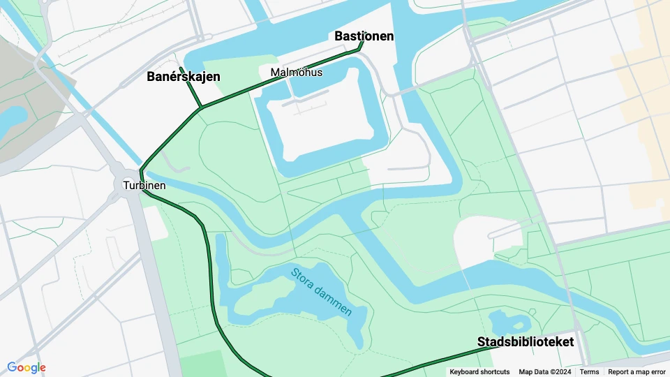 Malmö Museispårvägen: Stadsbiblioteket - Bastionen route map