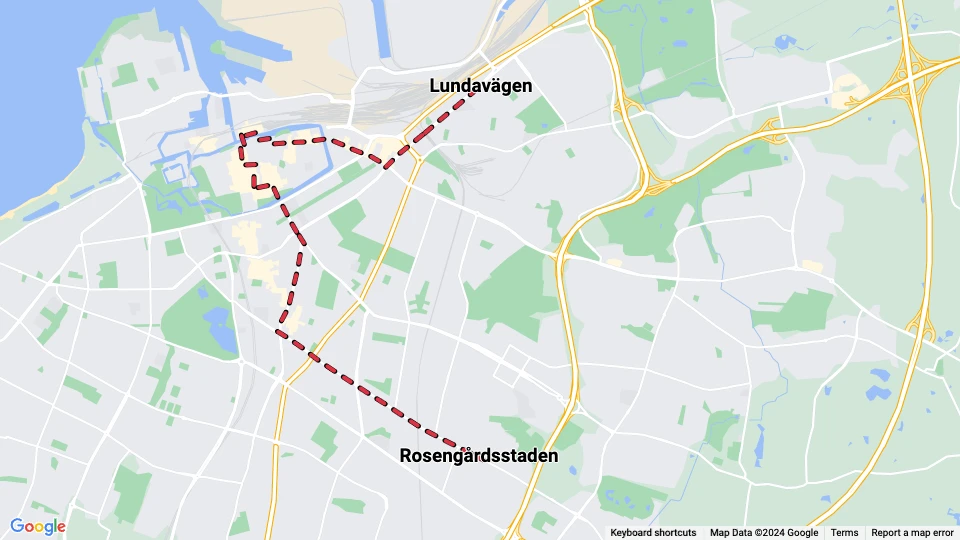 Malmö tram line 1: Lundavägen - Rosengårdsstaden route map